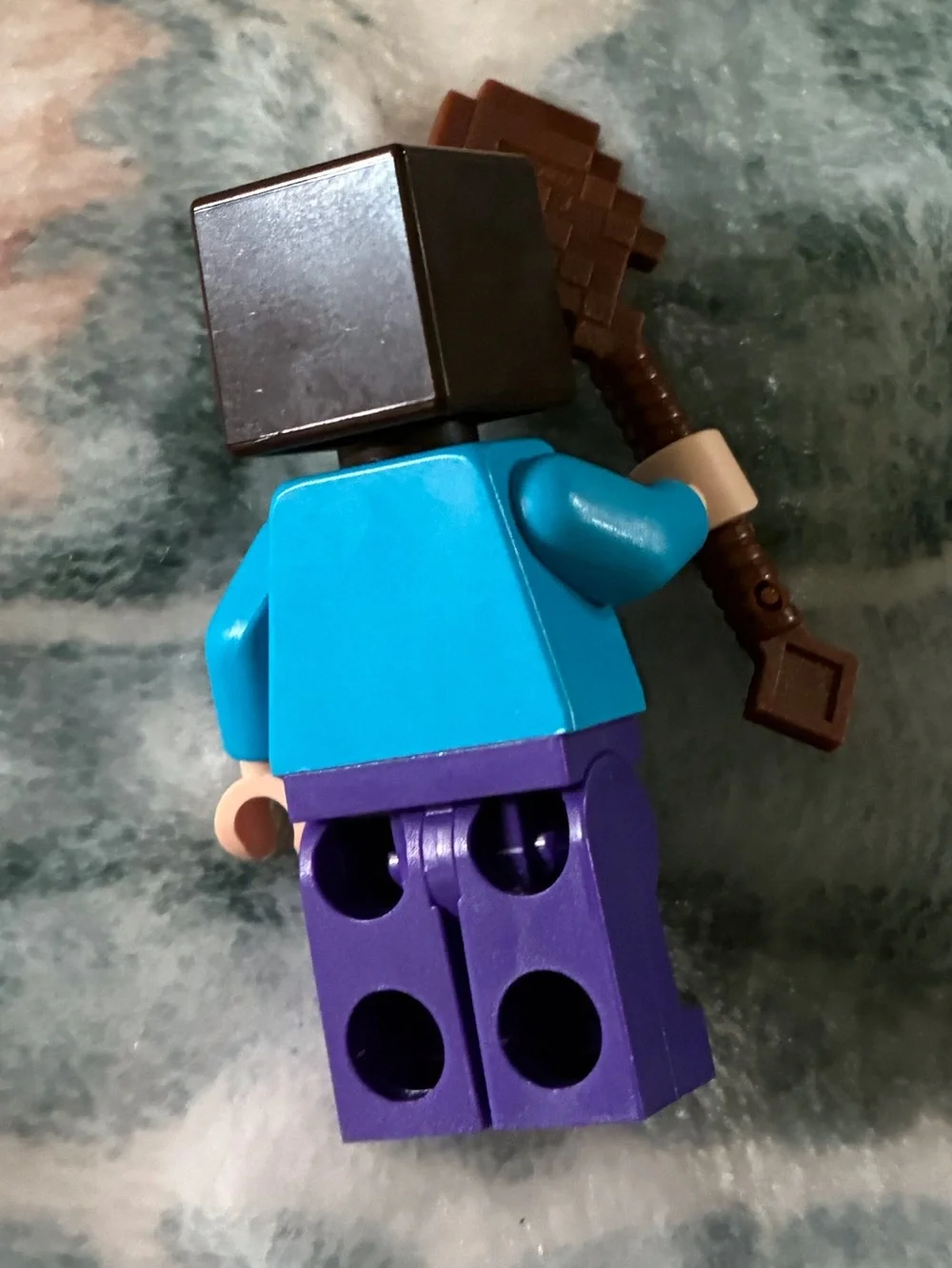 Minecraft Steve Style Minifigure with Brown Pickaxe - Blue & Purple